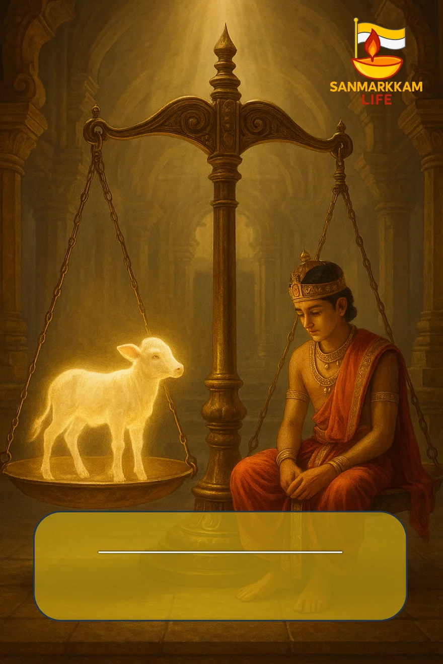 Manu Needhi Cholan story book cover: The Justice of King Manu, a prince and a calf of light weighed on the scales of justice